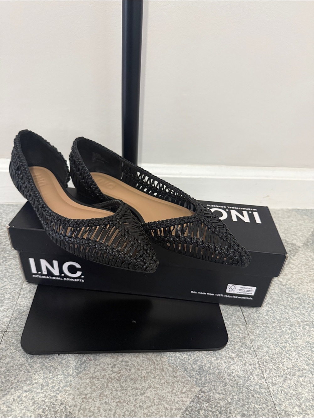INC International Concepts Black Woven Pointed-Toe Flats